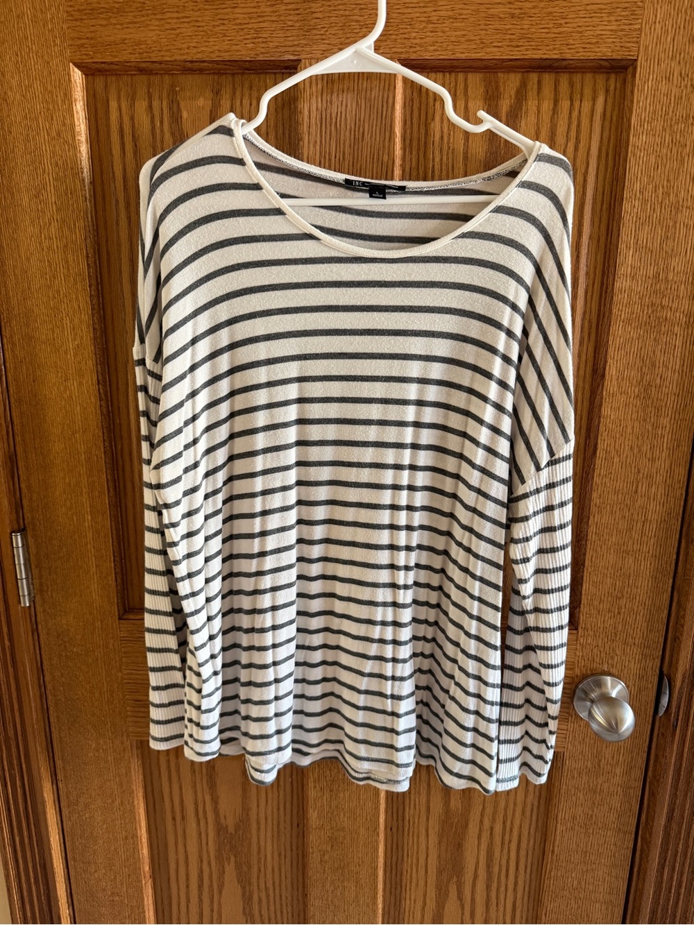 INC International Concepts Large New Gray and White Striped Long Sleeve Top